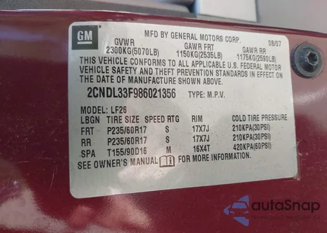 2008 Chevrolet Equinox Lt z USA, uszkodzony, nr VIN 2CNDL33F986021356